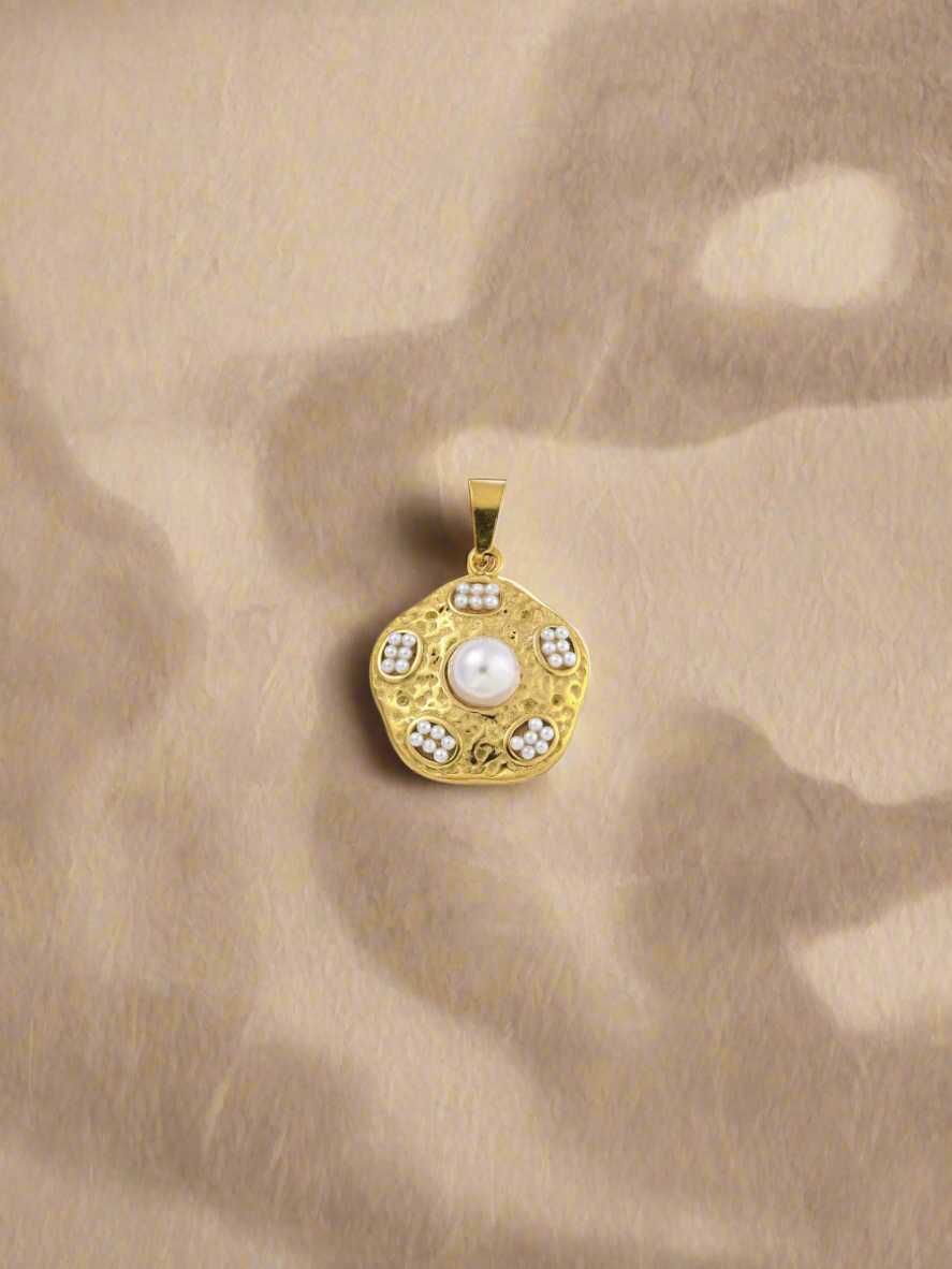 Hammered Vintage Gold Charm With Pearl Details