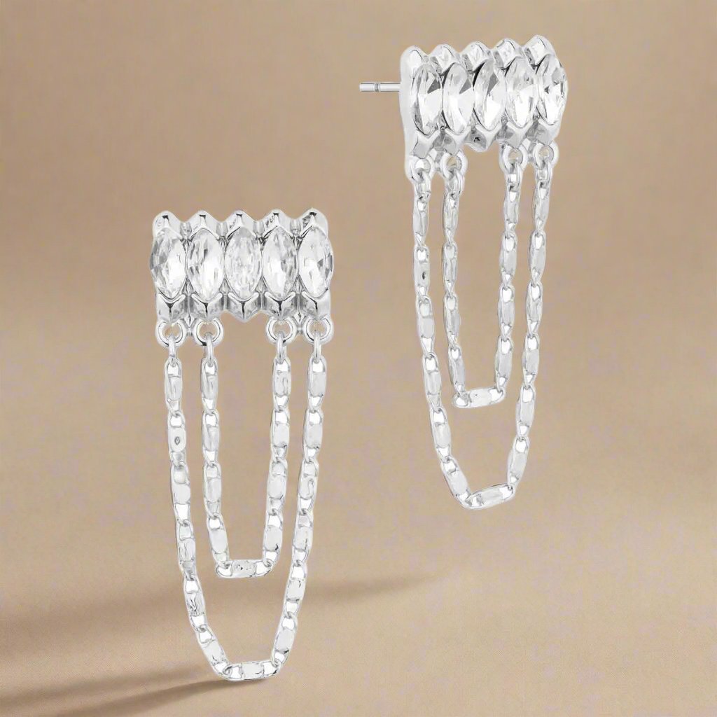 Marquise Rhinstone Bar with Drop Chain Post Back Earrings