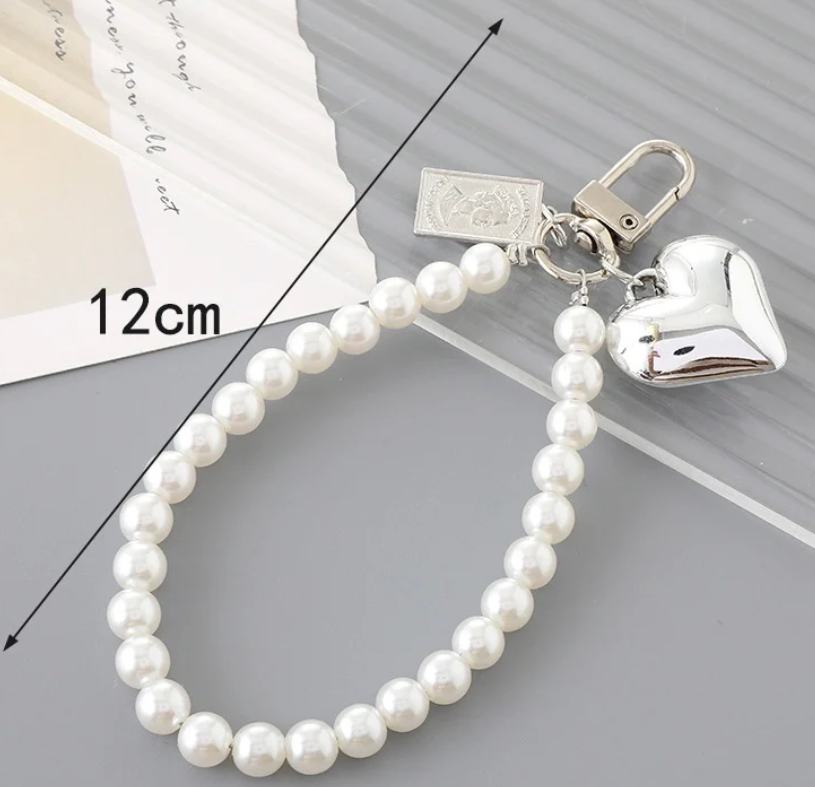 Pearl Bag Charm Key Chain with Silver Puffy Heart