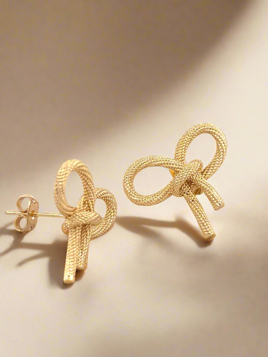Twisted Charm Gold Rope Textured Bow Earrings