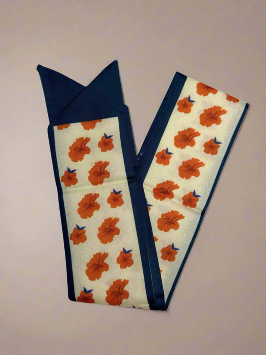 Bag Scarf With Navy Outline & Orange Flowers