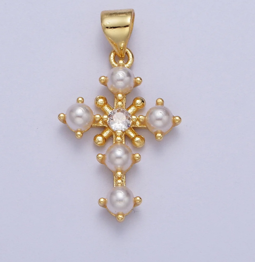 24K Gold Filled CZ Shell Pearl Religious Cross Pendant