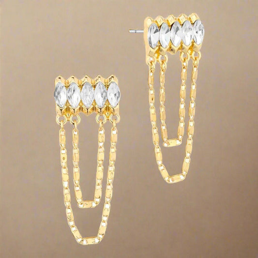 Marquise Rhinstone Bar with Drop Chain Post Back Earrings