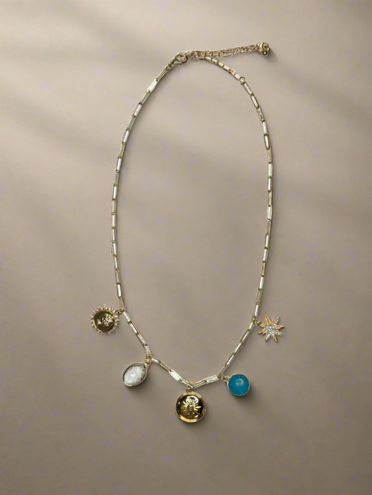 Star, Turquoise Stone, Clear Stone, And Queen Charm Necklace