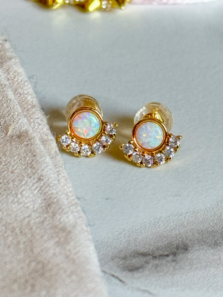 Round Opal with Micro Pave CZ Gold Filled Stud Earrings