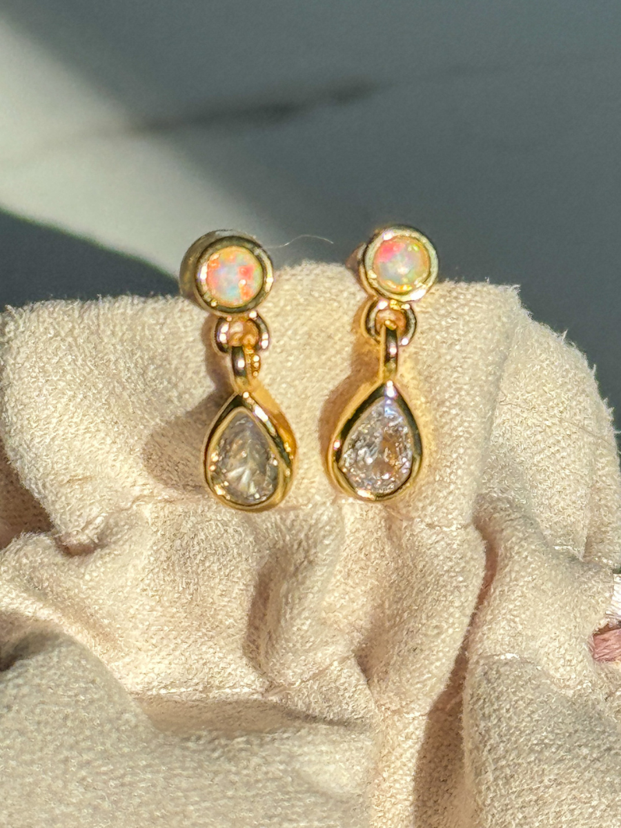 CZ Teardrop Dangle Opal Gold Filled Stud Earrings