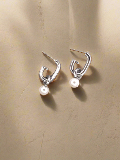 Lavish J Shaped Stud Pearl Dangle Charm Gold Filled Earrings