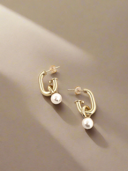 Lavish J Shaped Stud Pearl Dangle Charm Gold Filled Earrings