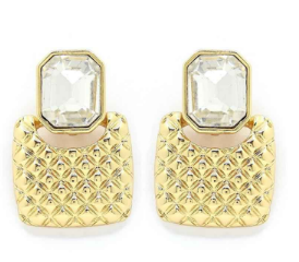 Textured Square with Crystal Pendant Post Back Earring