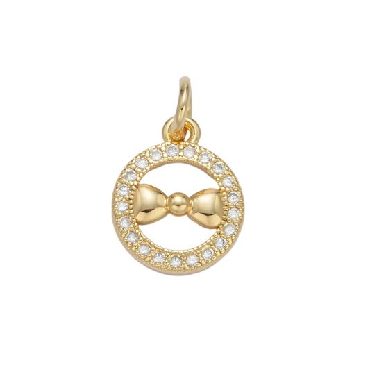 Gold Filled 24K Ribbon Bow Open Micro Pave CZ Round Charm
